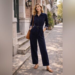 Anthropologie Navy Corduroy Utility Jumpsuit Belted Paisley Cuffs Size 2